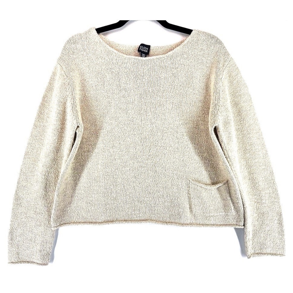 Eileen Fisher Silk Cotton Blend Oatmeal Crop Sweater L Raw Hem Pocket Old Money